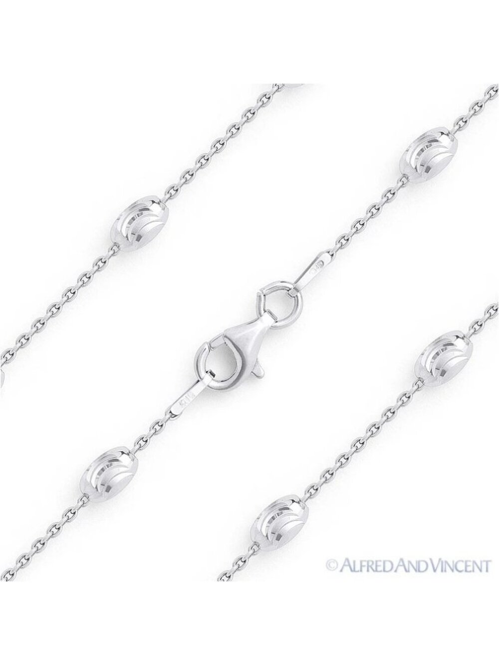 4mm Oval Moon-Cut Bead & 1.1mm Anchor Chain Necklace in .925 Sterling Silver 20"